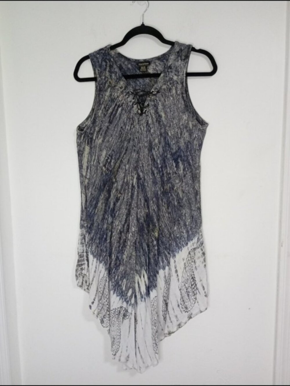 Ana & Rose Boho Handkerchief Hem Tunic Dress Lace-Up Neck One Size Asymmetrical